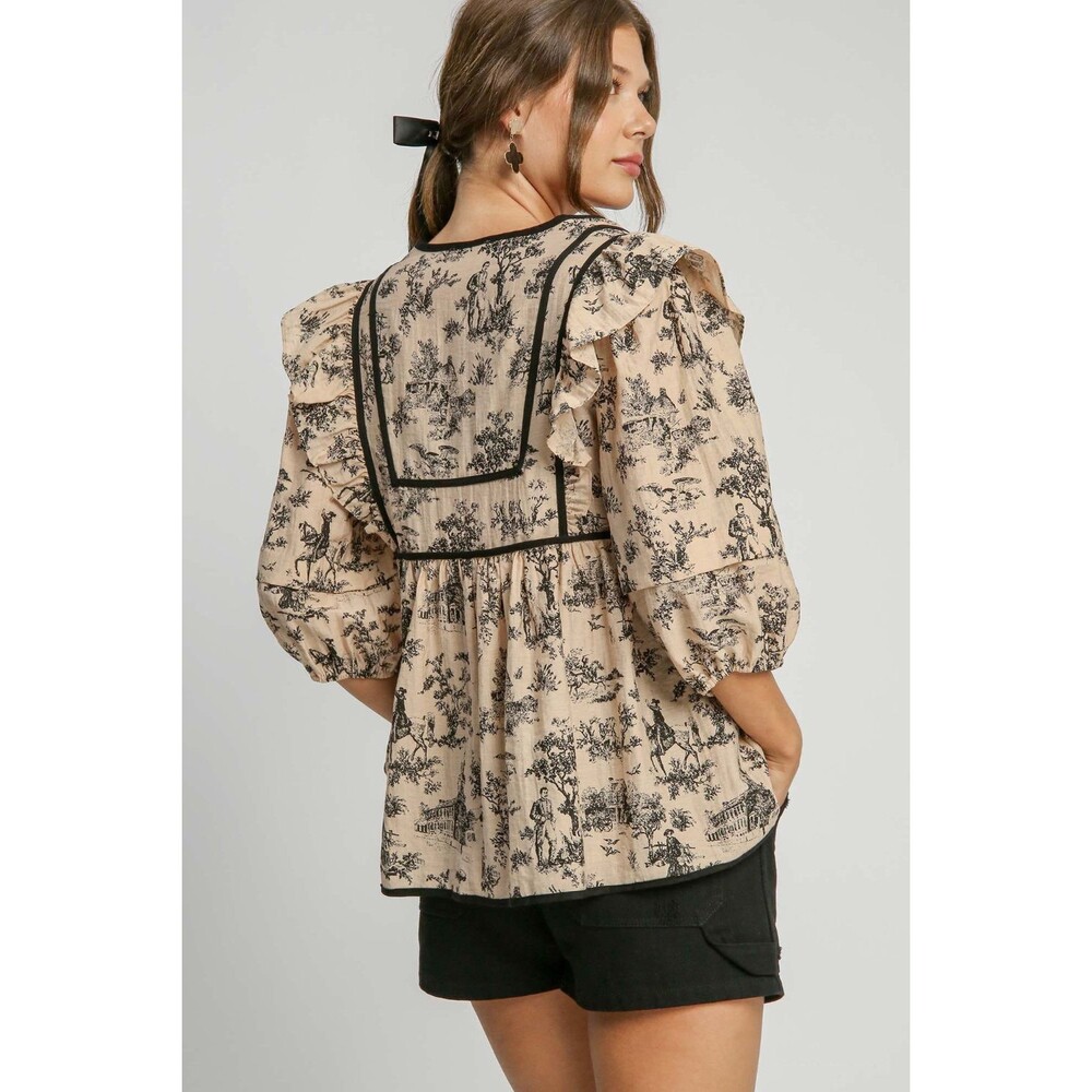 NFS Umgee Ruffled Tie Neck Puff Sleeve Babydoll Blouse - Picture 3 of 5